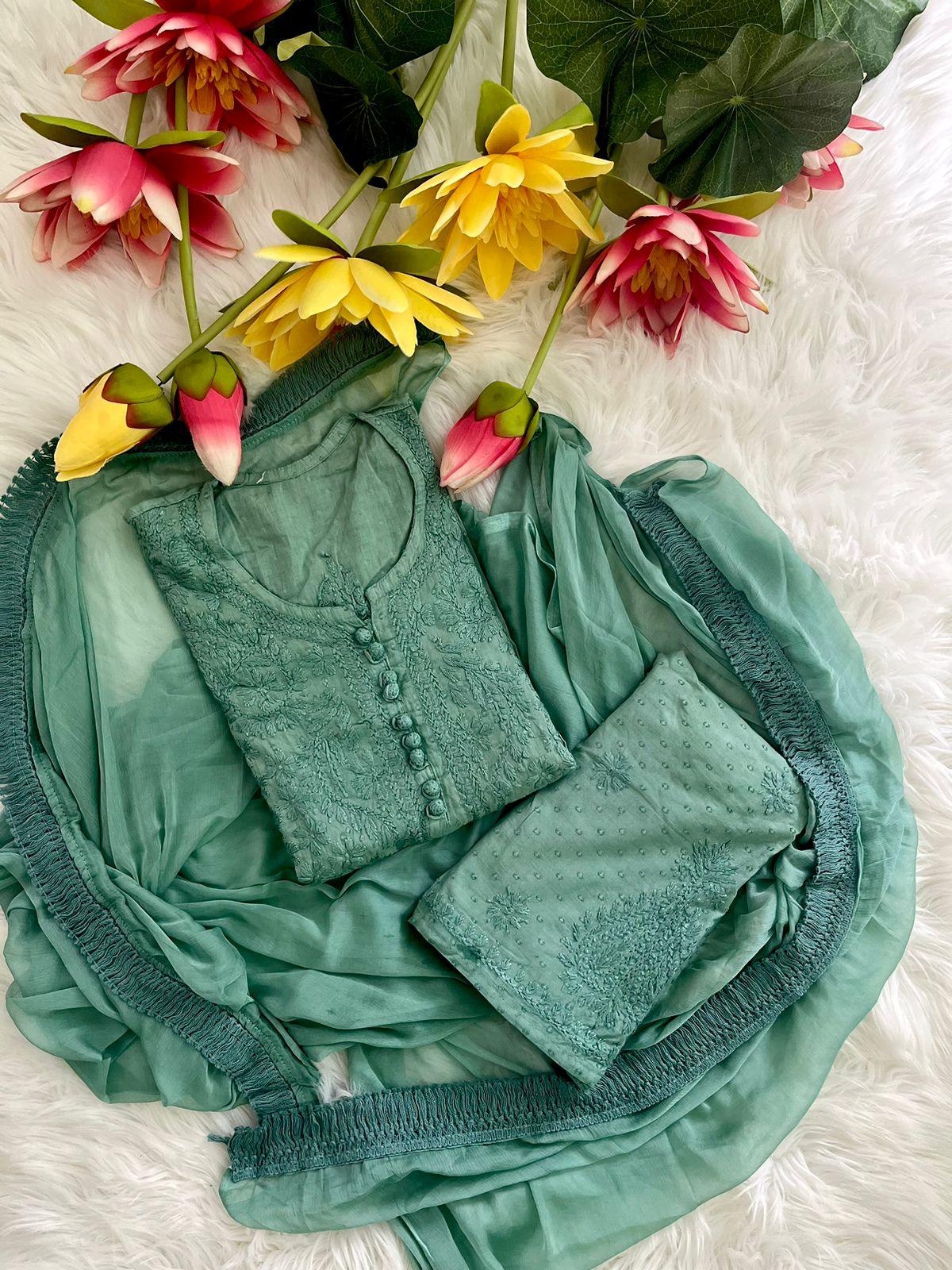 Green Lucknow Chikankari Hand Work Dobby Cotton Tone-to-Tone 3-Piece Co-ord Palazzo Set with Chiffon Dupatta - Inayakhan Shop