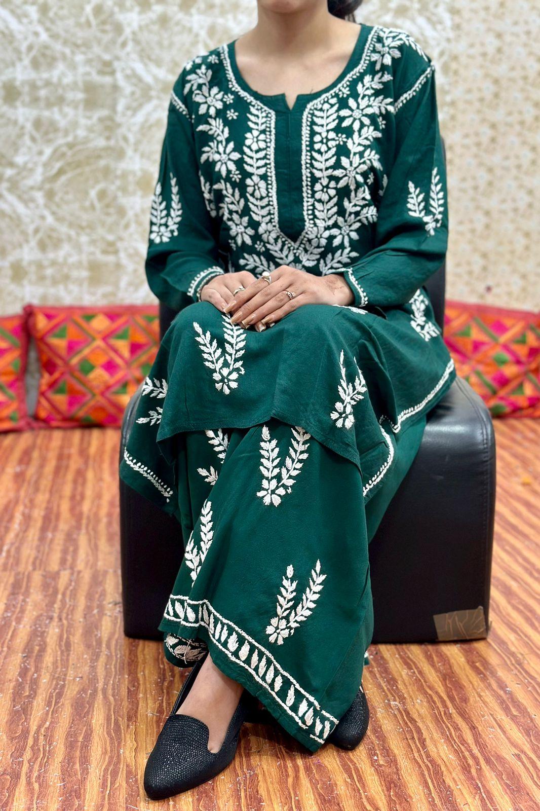 🌞 Green Lucknowi Summer Blossom Rayon Kurti and Palazzo Set 🌞 - Inayakhan Shop