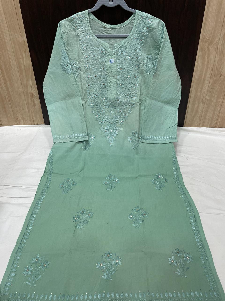 Green Mukesh Magic: Mul Cotton Dyed Kurti - Inayakhan Shop