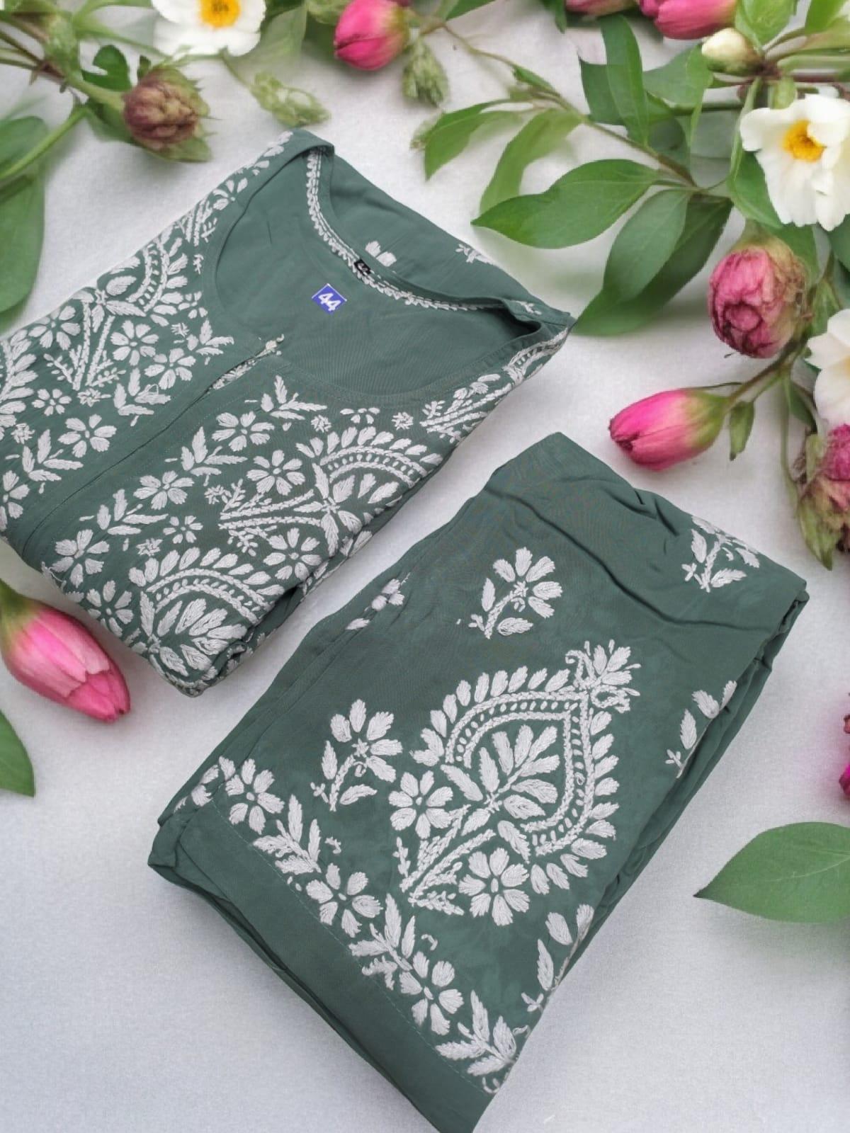 Green Premium Heavy Work Lucknow Chikankari Modal Kurti Palazzo Set for Summer - Inayakhan Shop