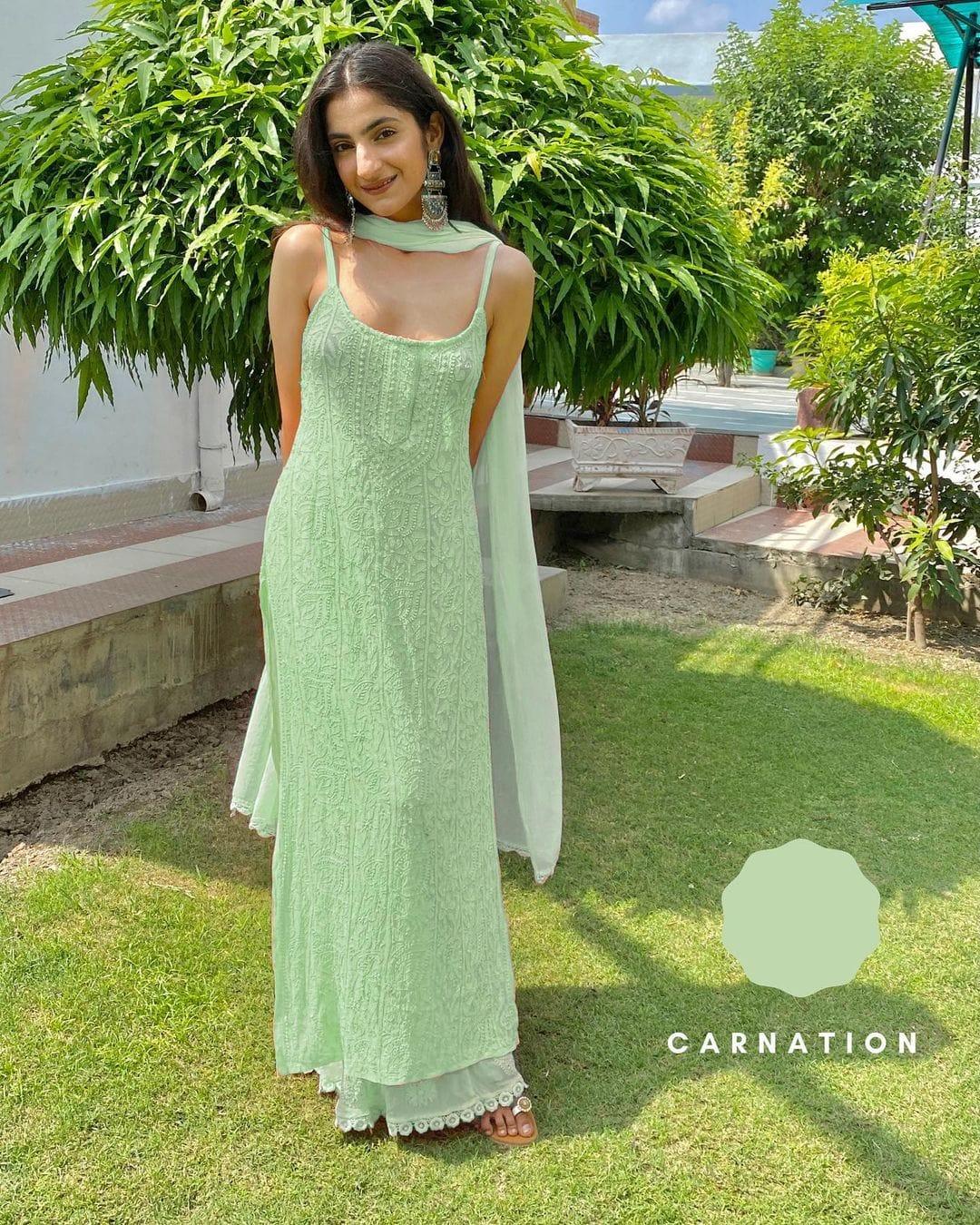 Green Viscose Strappy Chikankari Handwork Short Kurti , Viscose Sharara, Chiffon Dupatta - Inayakhan Shop