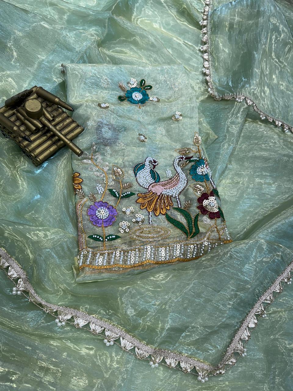 Green Designer Pearl Work Liquid Organza Saree Blouse Set