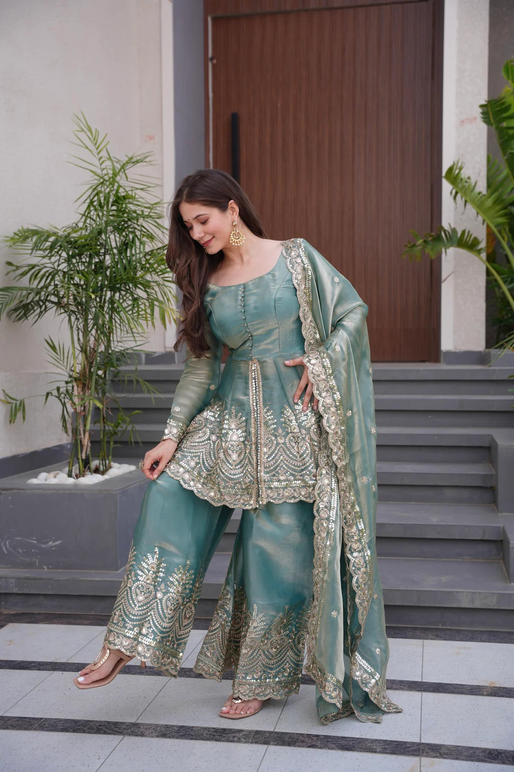 Soft teal Sage green Designer Party Wear Heavy Two-Tone Fandy Silk Top, Palazzo & Dupatta Set