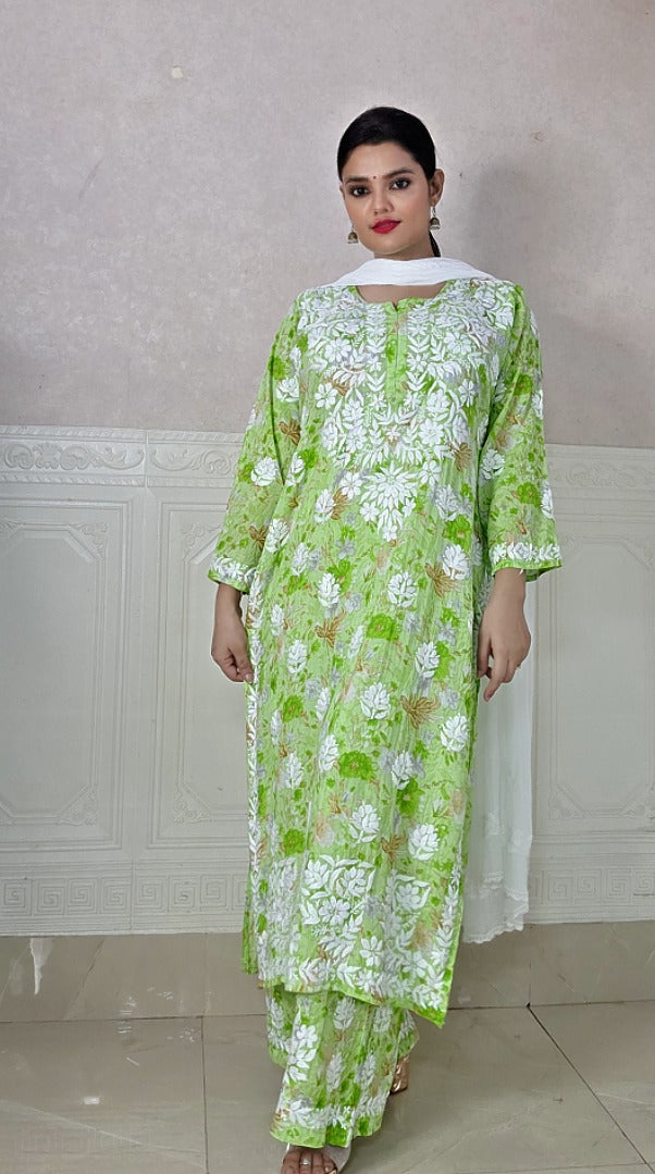 Green Plus Size Mulmul Printed Lucknowi Chikankari Kurta Set - Up to 5XL