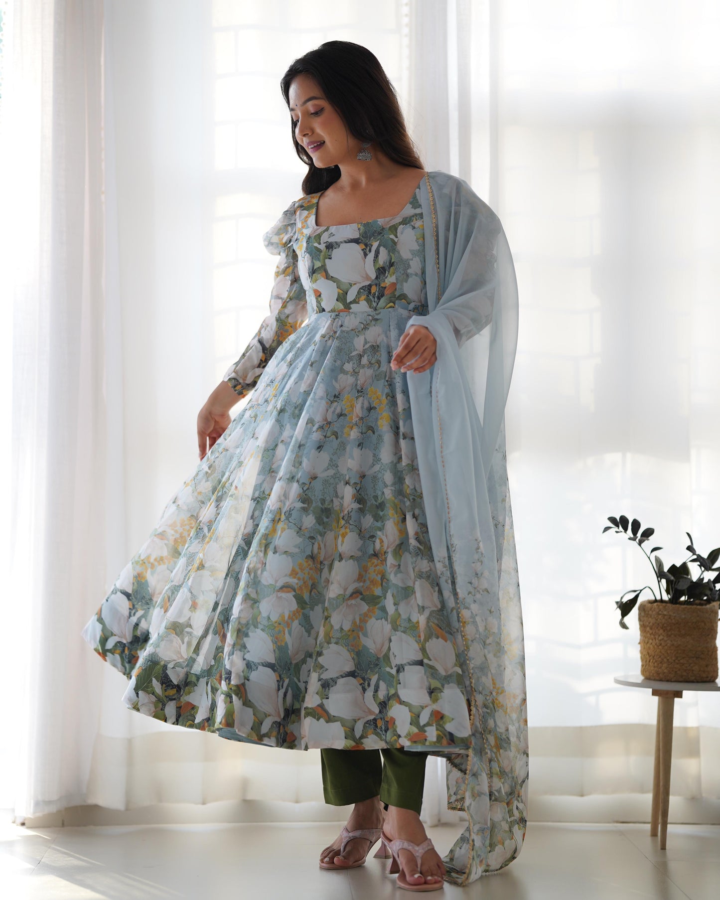 Green Anya: Summer Floral Indian Organza Gown Set