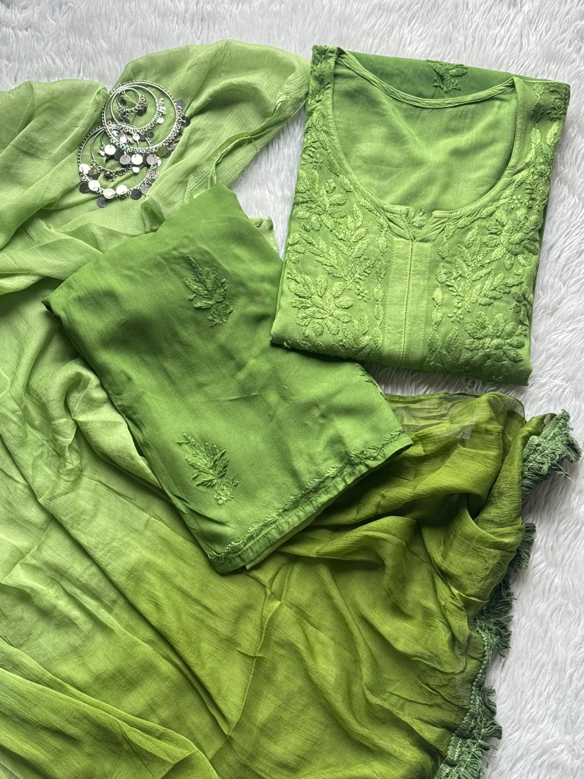 Green Ombre Elegance: Handcrafted Lucknowi Chikankari Rayon 3-Piece Set with Dupatta