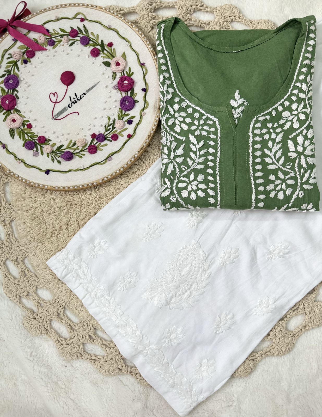 Green Handcrafted Lucknowi Chikankari Style Short Kurta & Palazzo Set