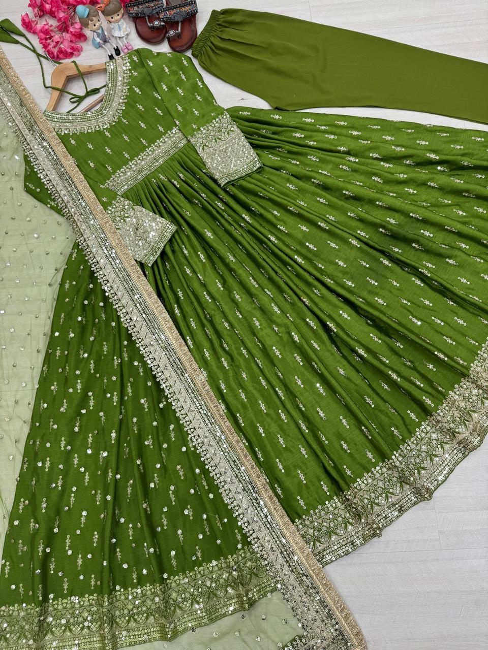 Green Designer Chinon Silk Sequin Work Anarkali Suit