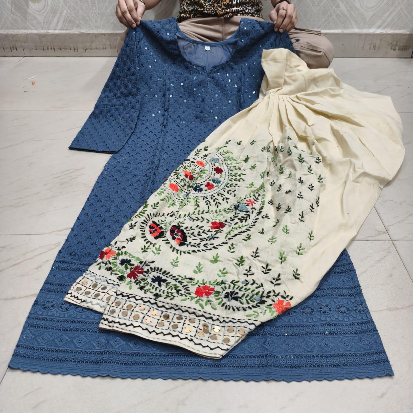 Grey Beautiful Embroidered Phulkari Kantha Salwar & Chikankari Kurti Set - Inayakhan Shop
