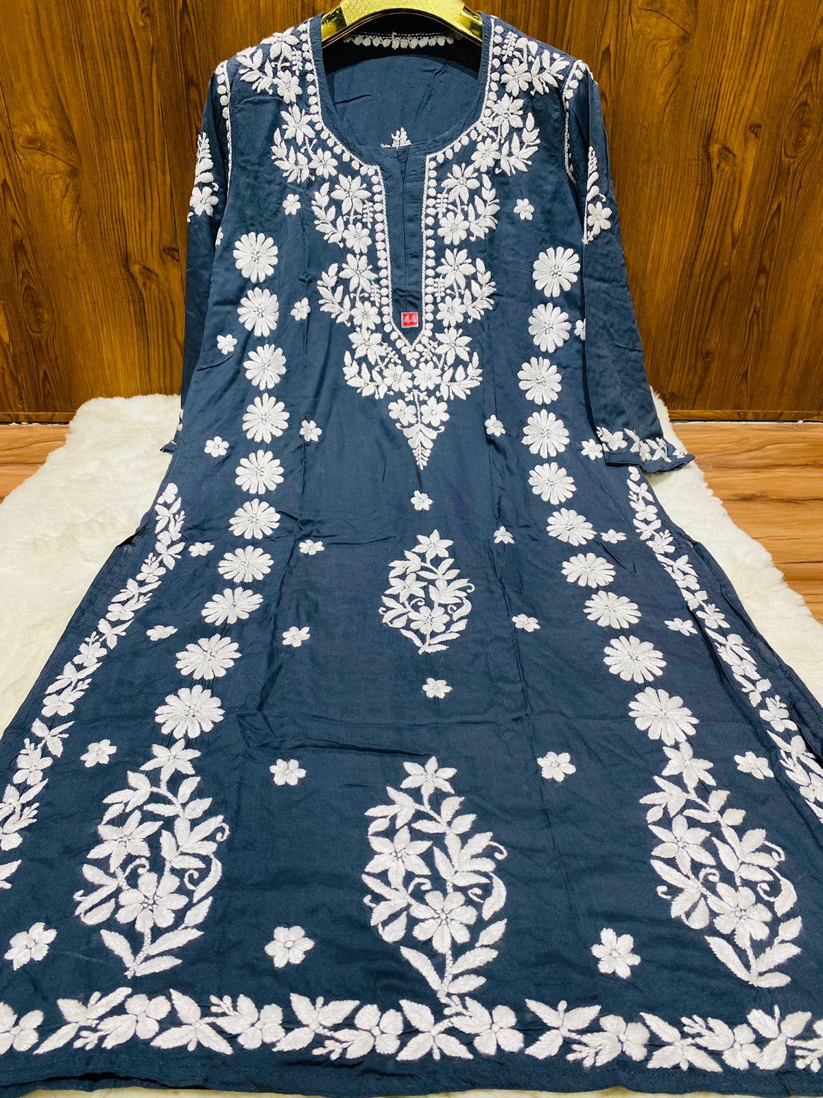 Grey Blue Lucknowi Chikankari Heavy Beautiful Latest Design Modal Kurti - Inayakhan Shop