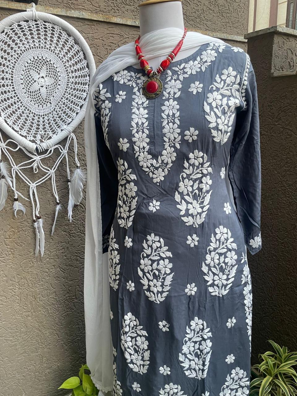 Grey Chikankari Modal Fabric Kurti, Sharara, and Dupatta Set Bada Boota Kurti - Inayakhan Shop