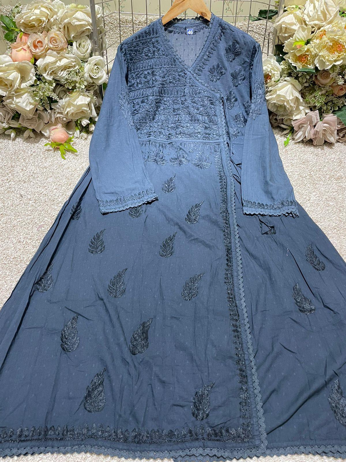 Grey Cotton Angrakha Style Kurti with Lucknow Chikankari - Inayakhan Shop