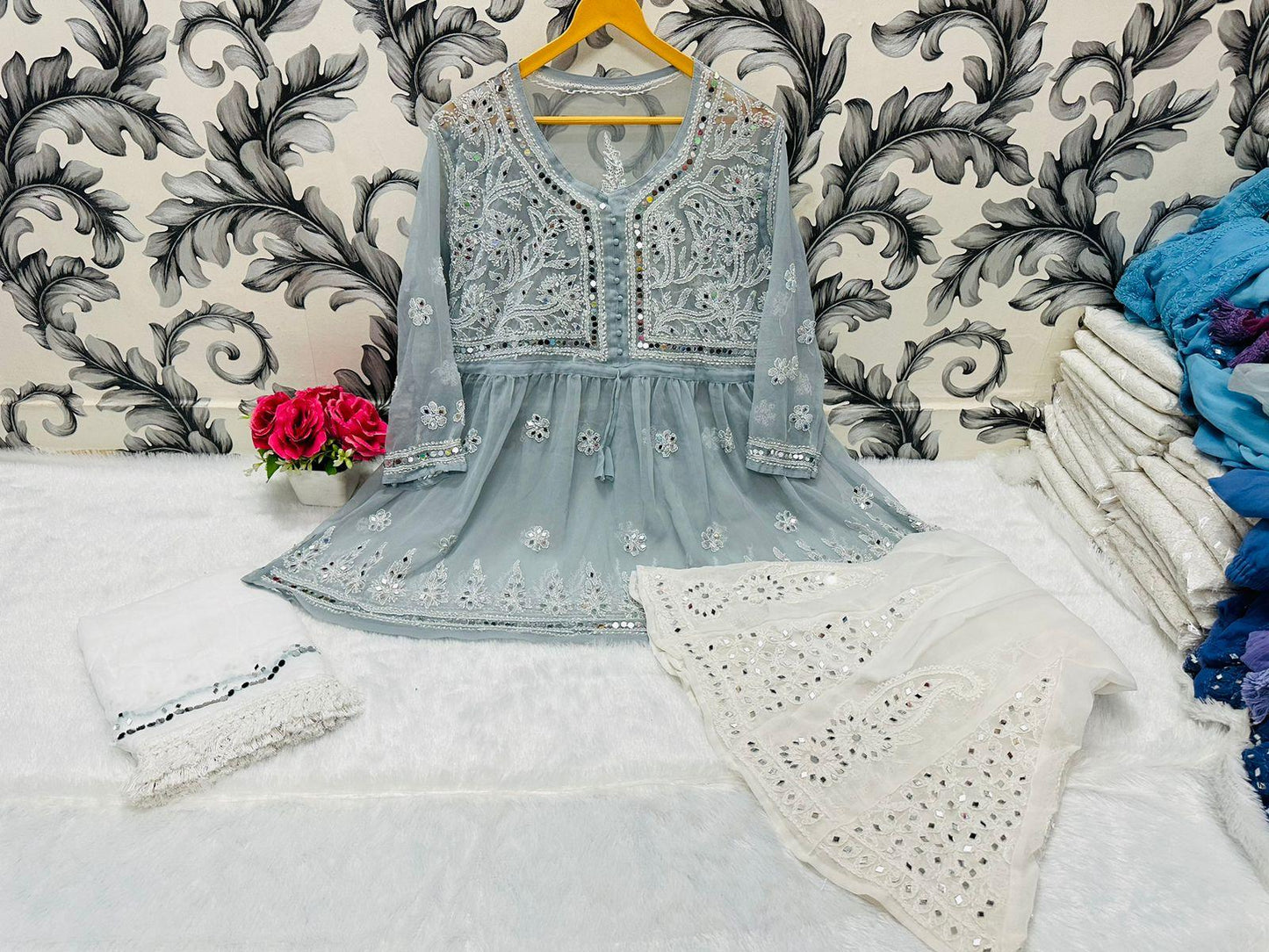 Grey Glimmering Georgette Mirror Work Short Gown, Dupatta, and Sharara Full Combo Set - Inayakhan Shop