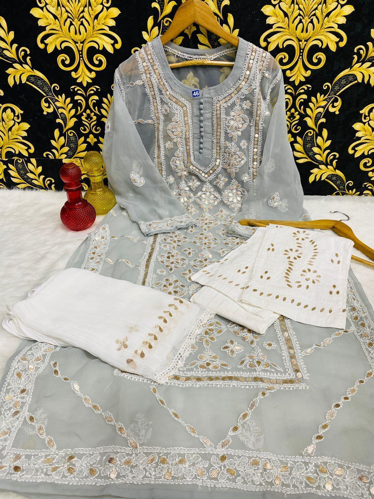 Grey Graceful Lucknawi Georgette Chikankari GotaPatti Ensemble (Inner Included) - Inayakhan Shop