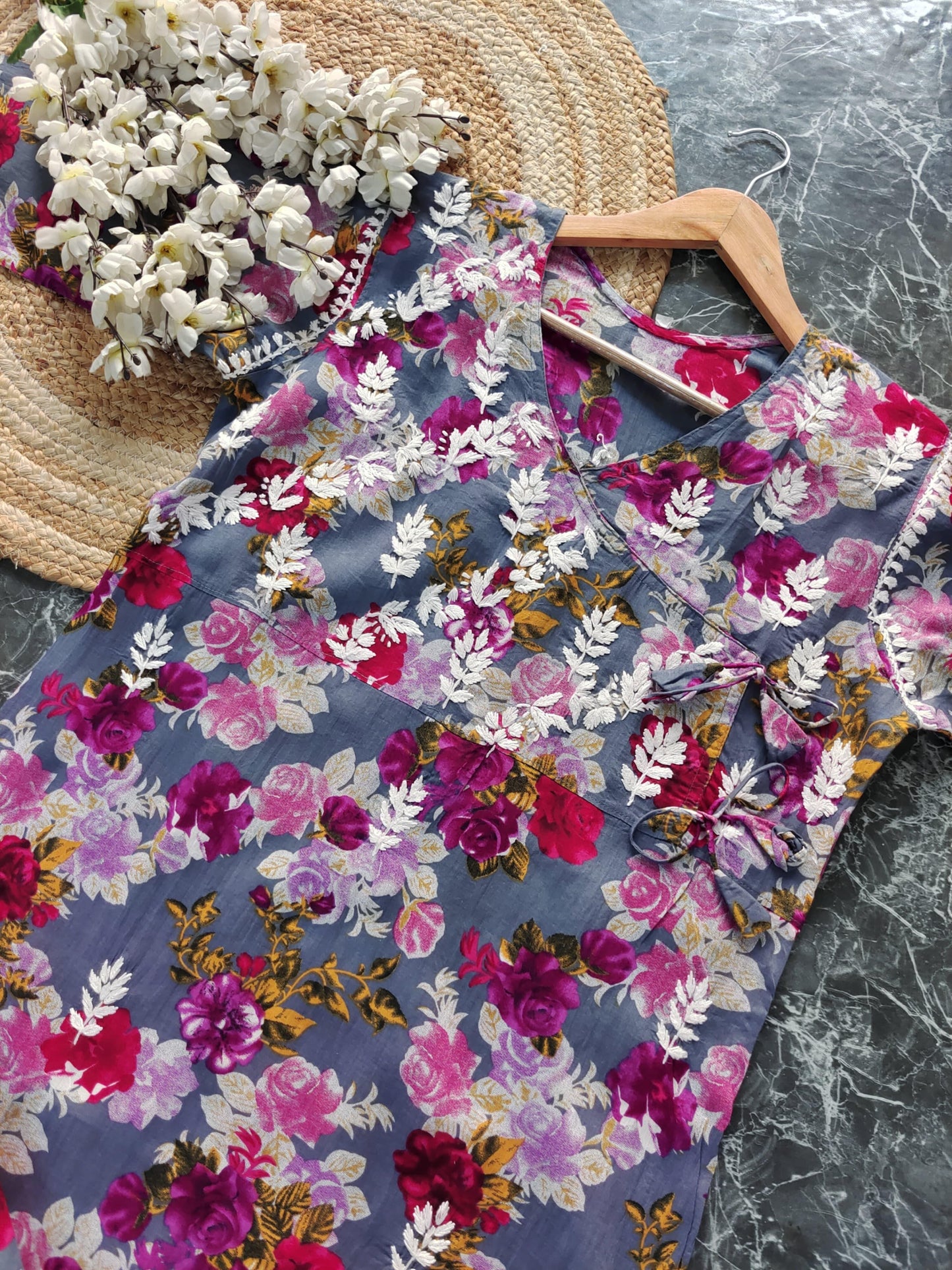 Grey Mulmul Angarkha Style Floral Dori Long Chikankari Kurtis ✨ - Inayakhan Shop