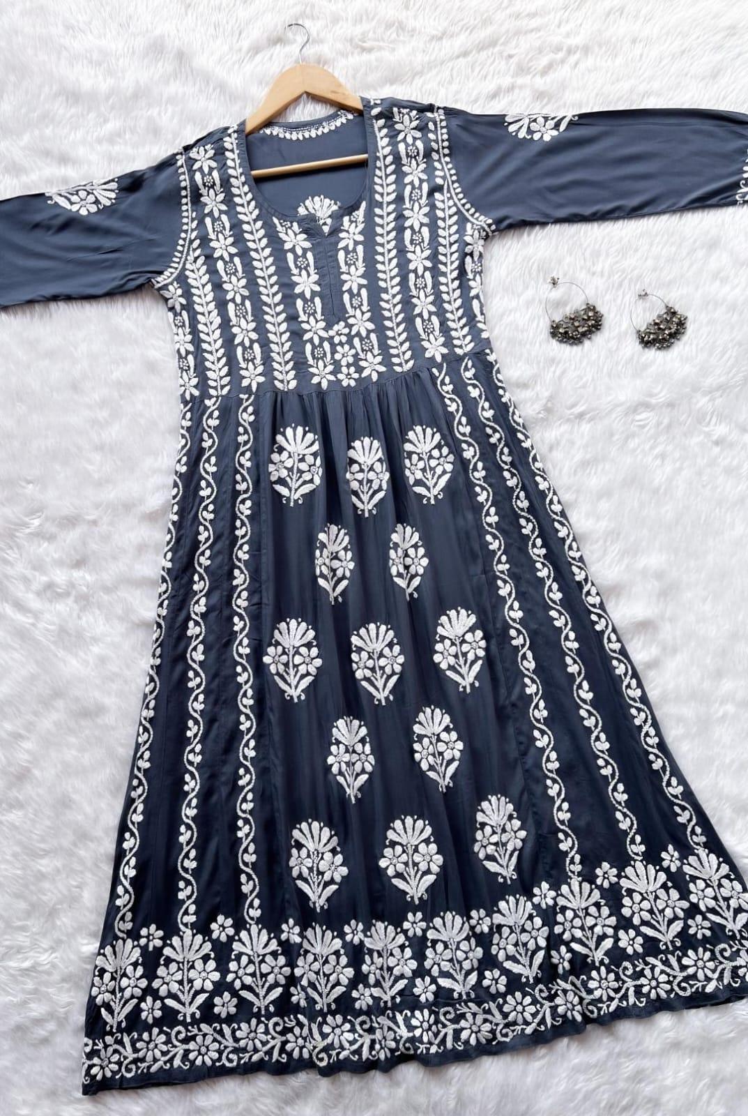 Grey Party Wear Long Modal Heavy Chikankari Handwork A-Line Gown - Inayakhan Shop