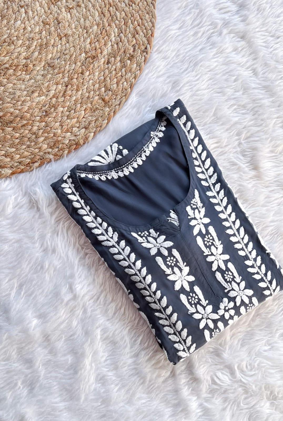 Grey Party Wear Long Modal Heavy Chikankari Handwork A-Line Gown - Inayakhan Shop