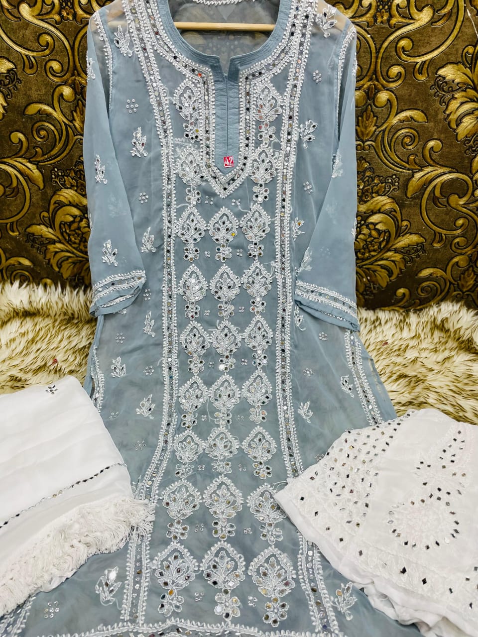 Gray Handcrafted Lucknow Chikankari Mirror Sharara Set