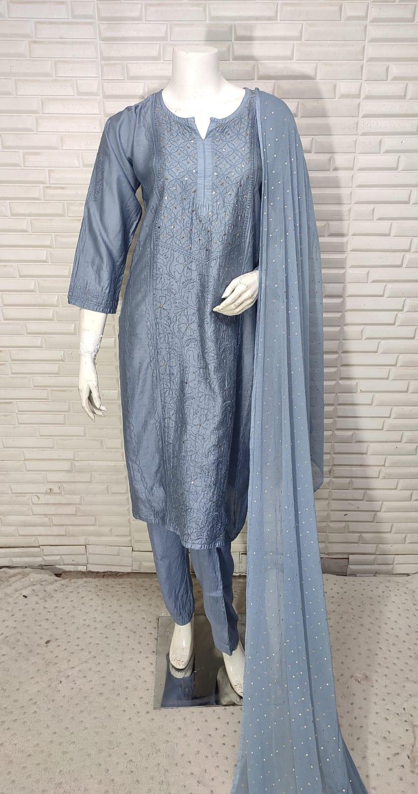 Greyish Blue Chikankari Elegance: Modaal Chanderi Cutdana Ensemble - Inayakhan Shop