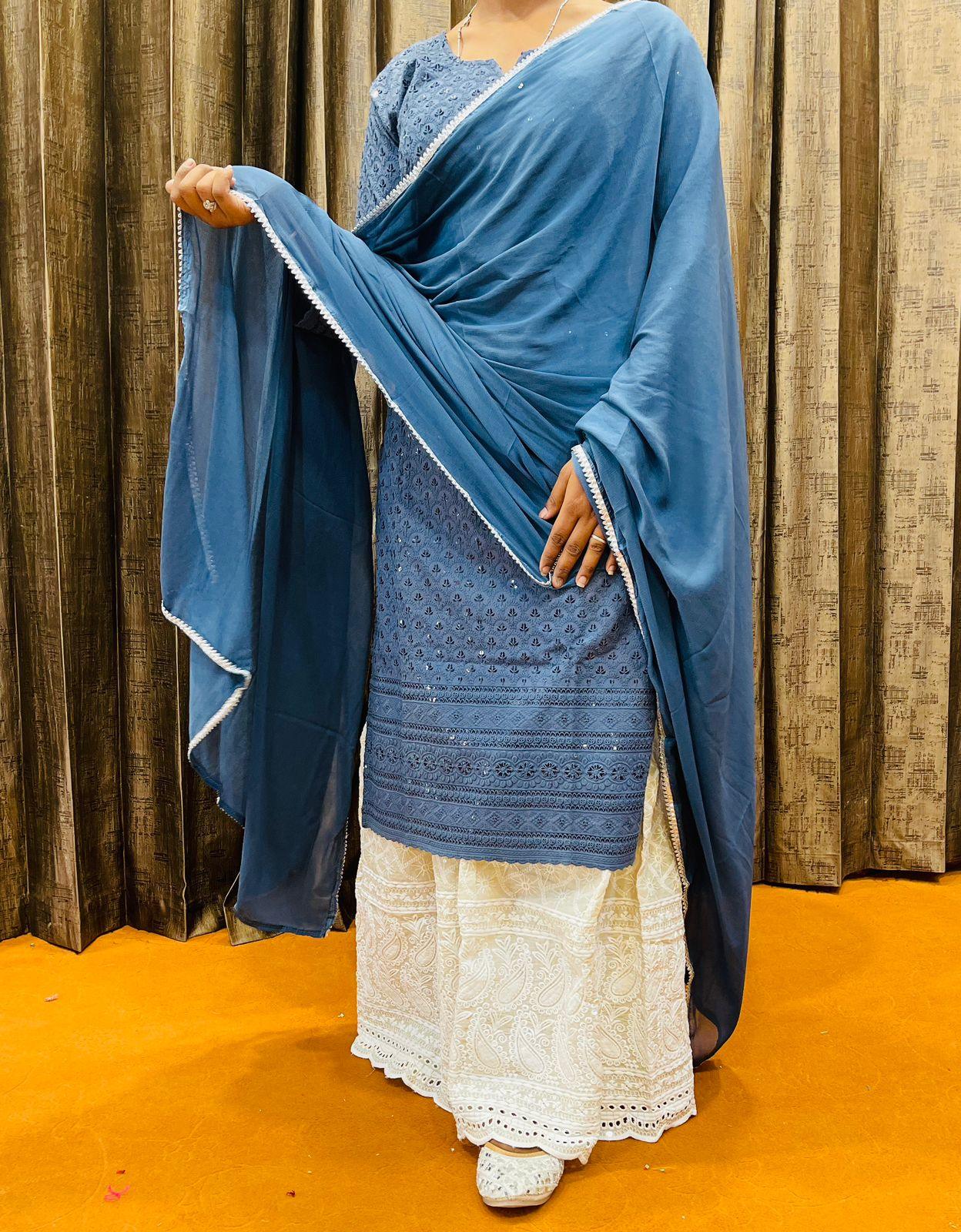 Greyish Blue Ready-to-Wear Chikankari Kurti Sharara Dupatta 3-Piece Set - Inayakhan Shop