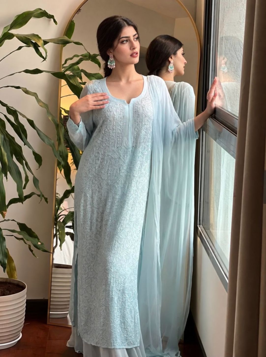Ice blue Resham viscose jaal kurti palazzo and dupatta set on model