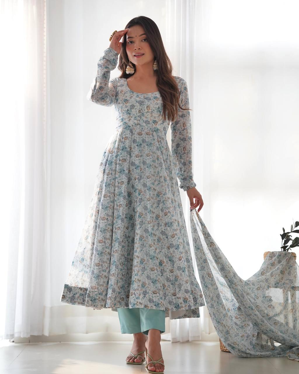 Blue Vibrant Floral Chiffon Anarkali Gown Set | Ready to Wear