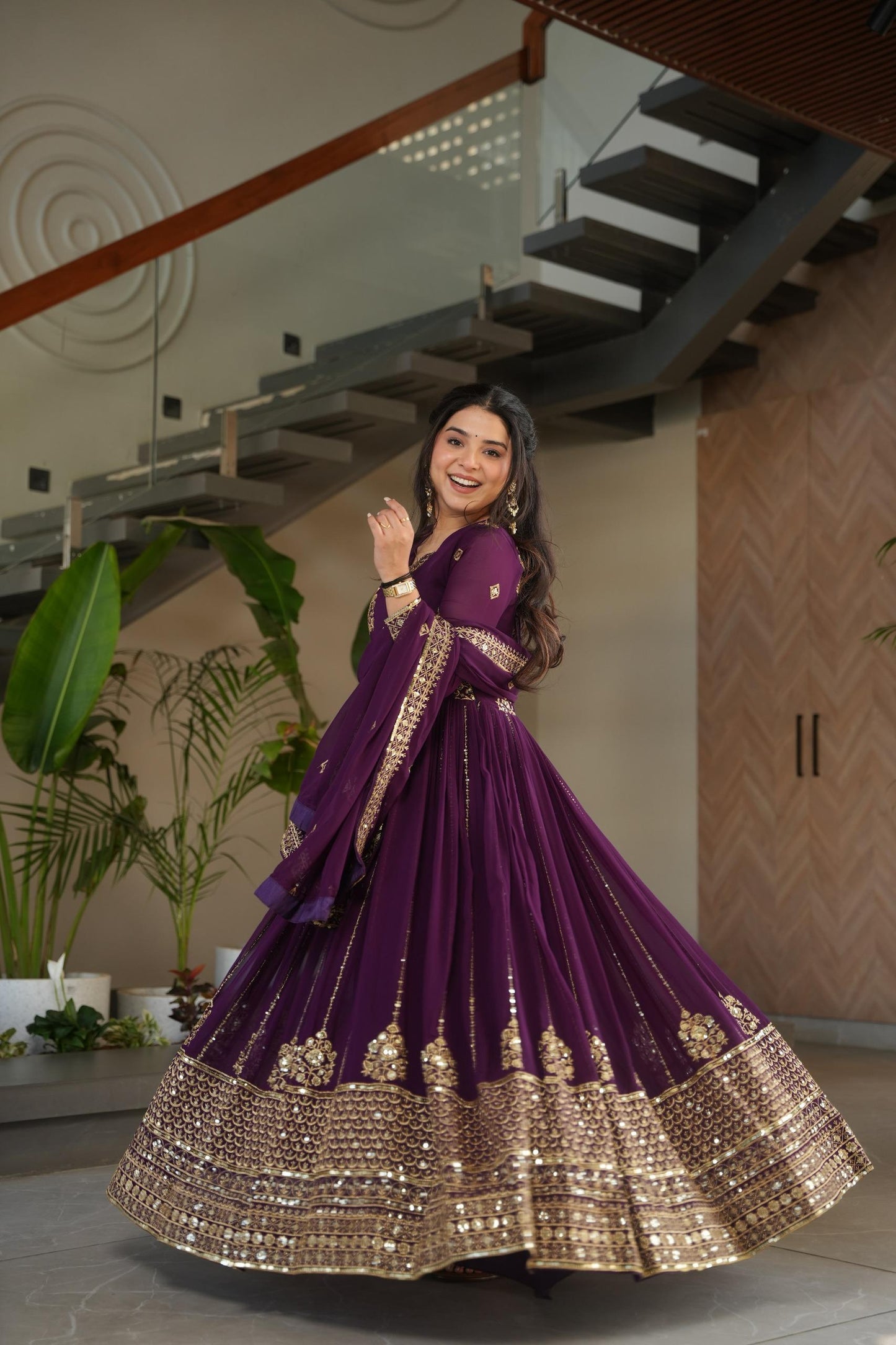 Wine Zari & Sequin Embroidered Anarkali Party Wear Gown with Dupatta