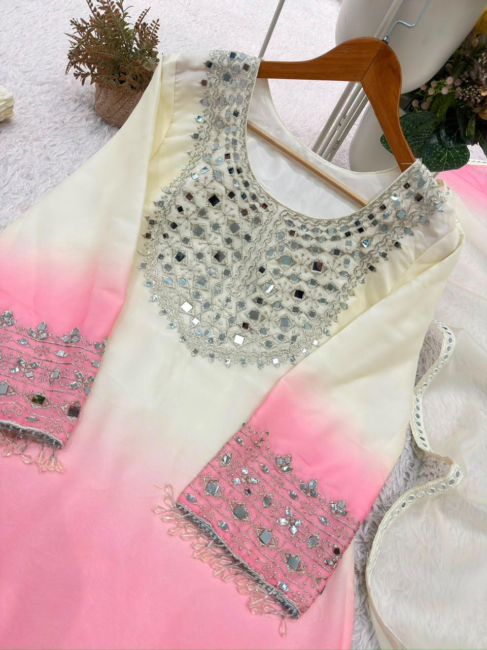Real mirror embroidery neckline and sleeve detail on ivory pink ombre top