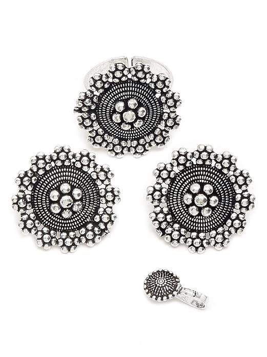 Vintage Oxidised Jewellery Set Necklace , Earrings , Rings , Nose Clip