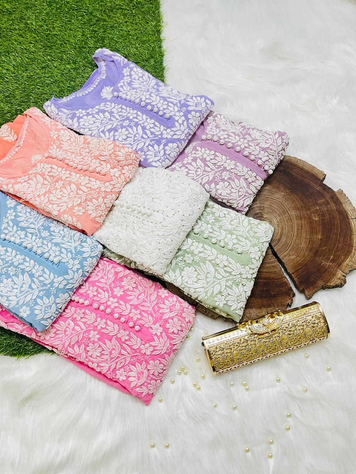 Lavendar Elegant Viscose Chikankari Work Kurti with 3D Fine Chikankari Handwork - Inayakhan Shop