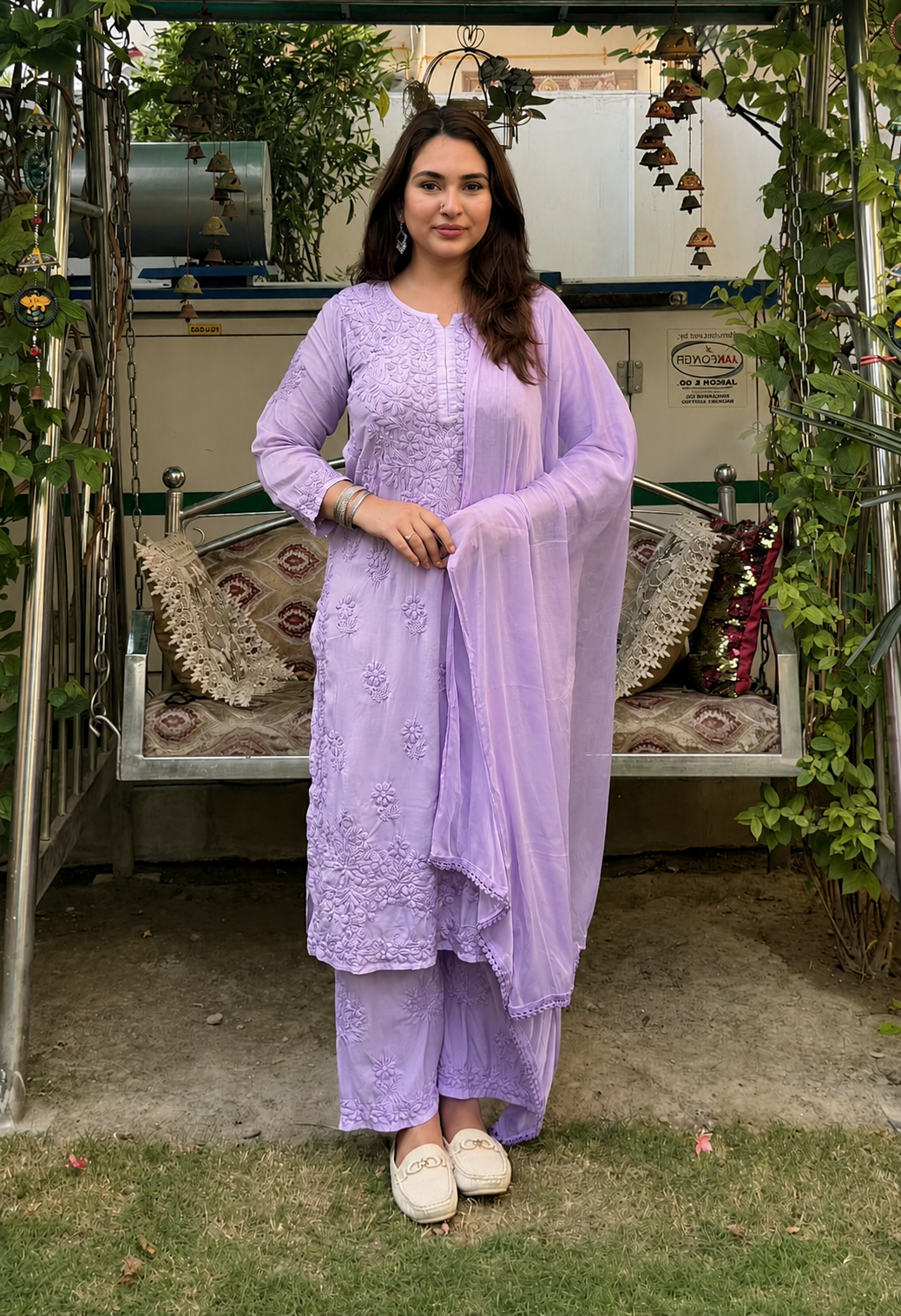 Lavendar 3D Lucknow Chikankari Modal Kurta Palazzo & Dupatta Set