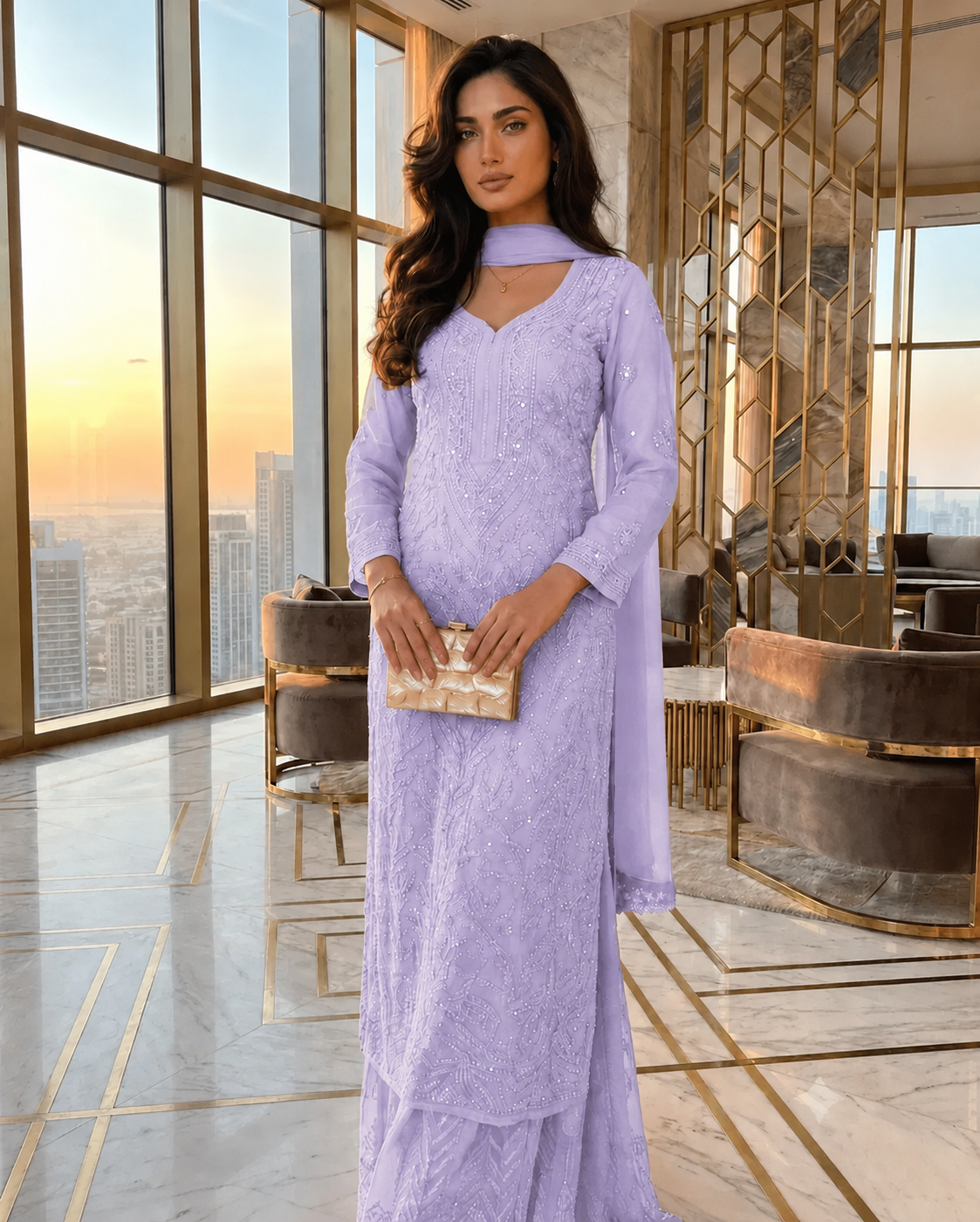 Pastel Lavendar Ethereal Viscose Chikankari & Mukaish Work Ensemble (NEW)