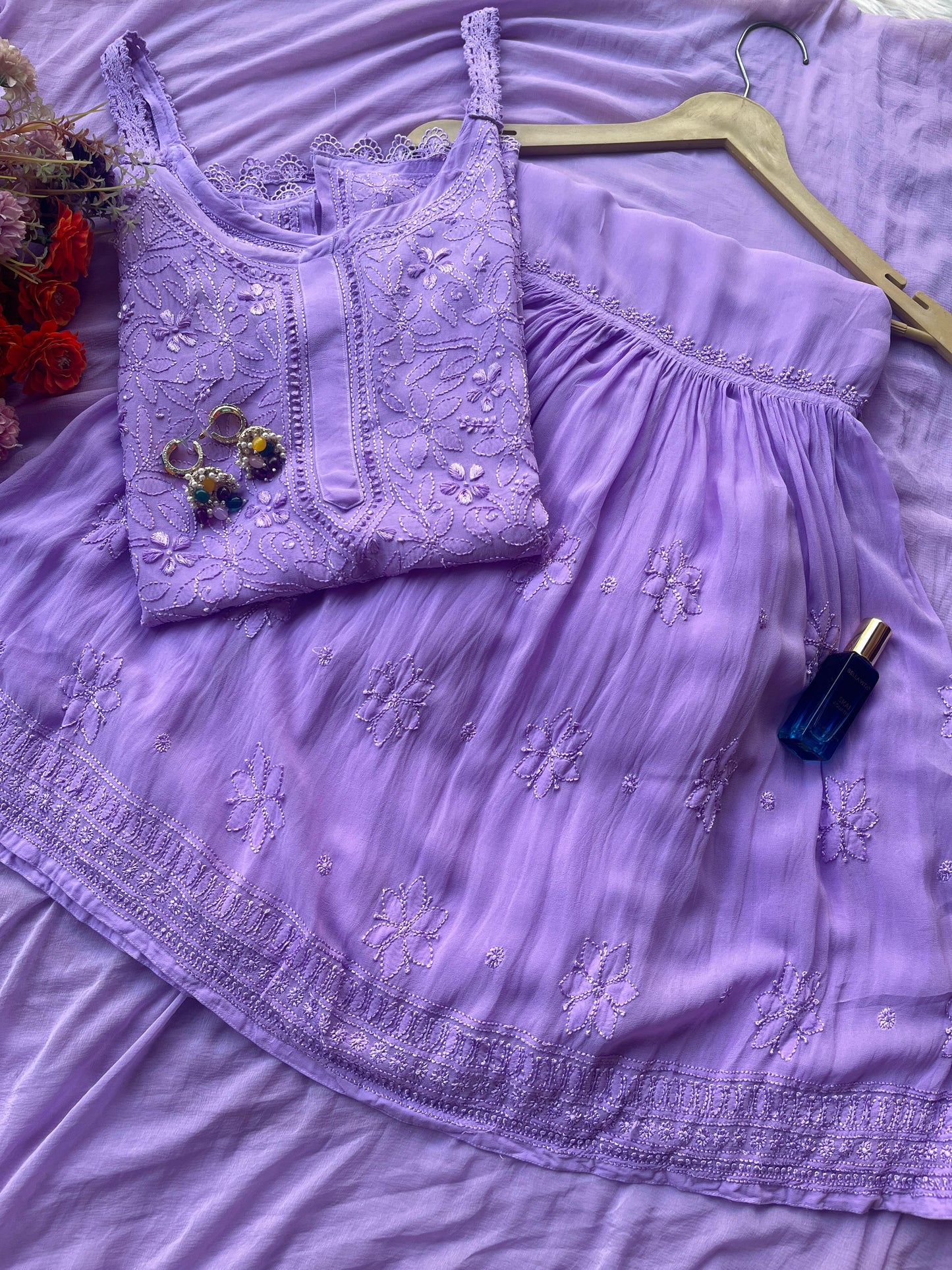 Lavendar Lucknow Chikankari Resham Work Viscose Short Kurti & Gharara Set with Chiffon Dupatta