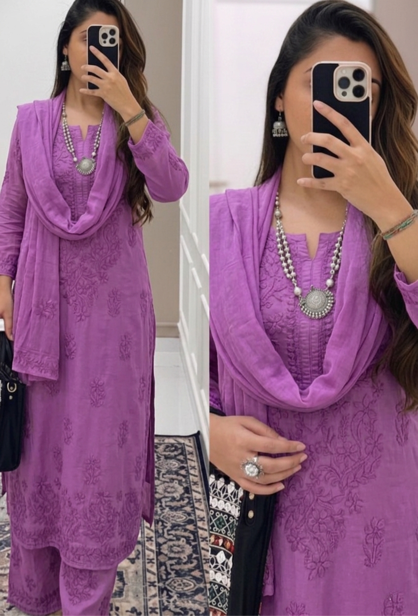 Lavendar Pink Ethereal Dyeable Modal Chikankari Kurta Set (New)