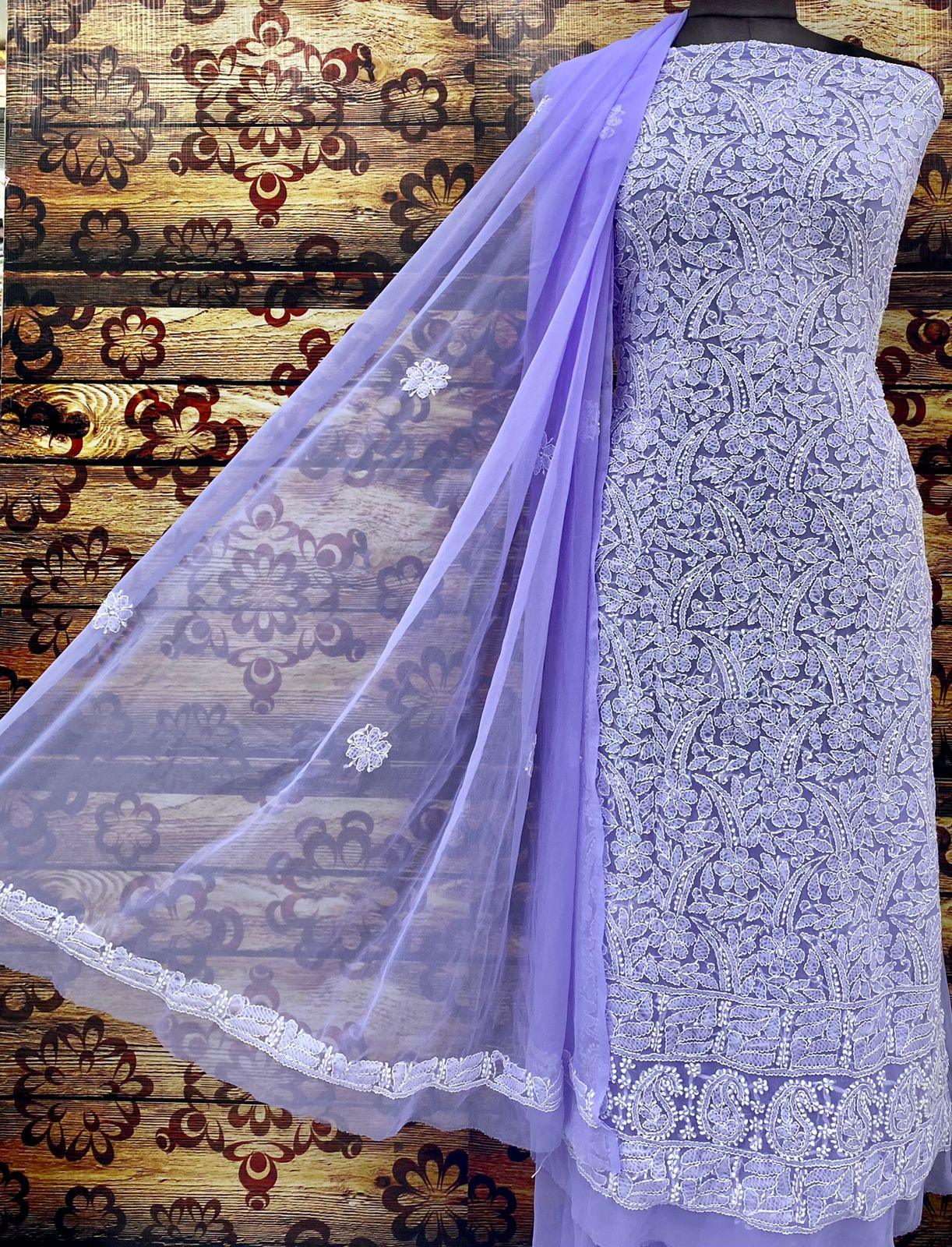 Lavender Purple Chiffon Georgette 3-Pc Suit with Intricate Handwork Embroidery All Over Kurta Latest Online - Inayakhan Shop
