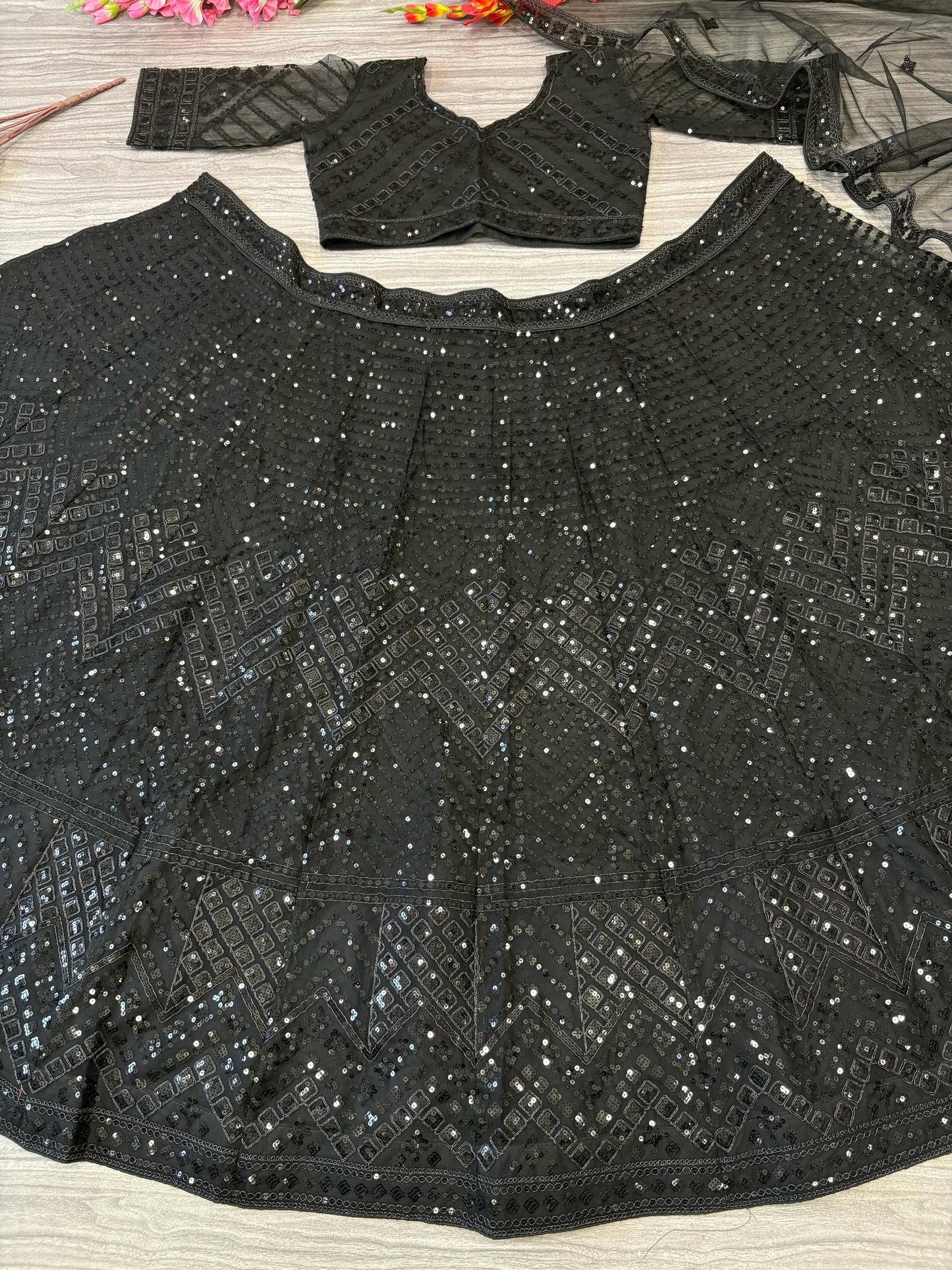 New Arrival Black Embroidered Net Lehenga Set with Heavy Sequins Work