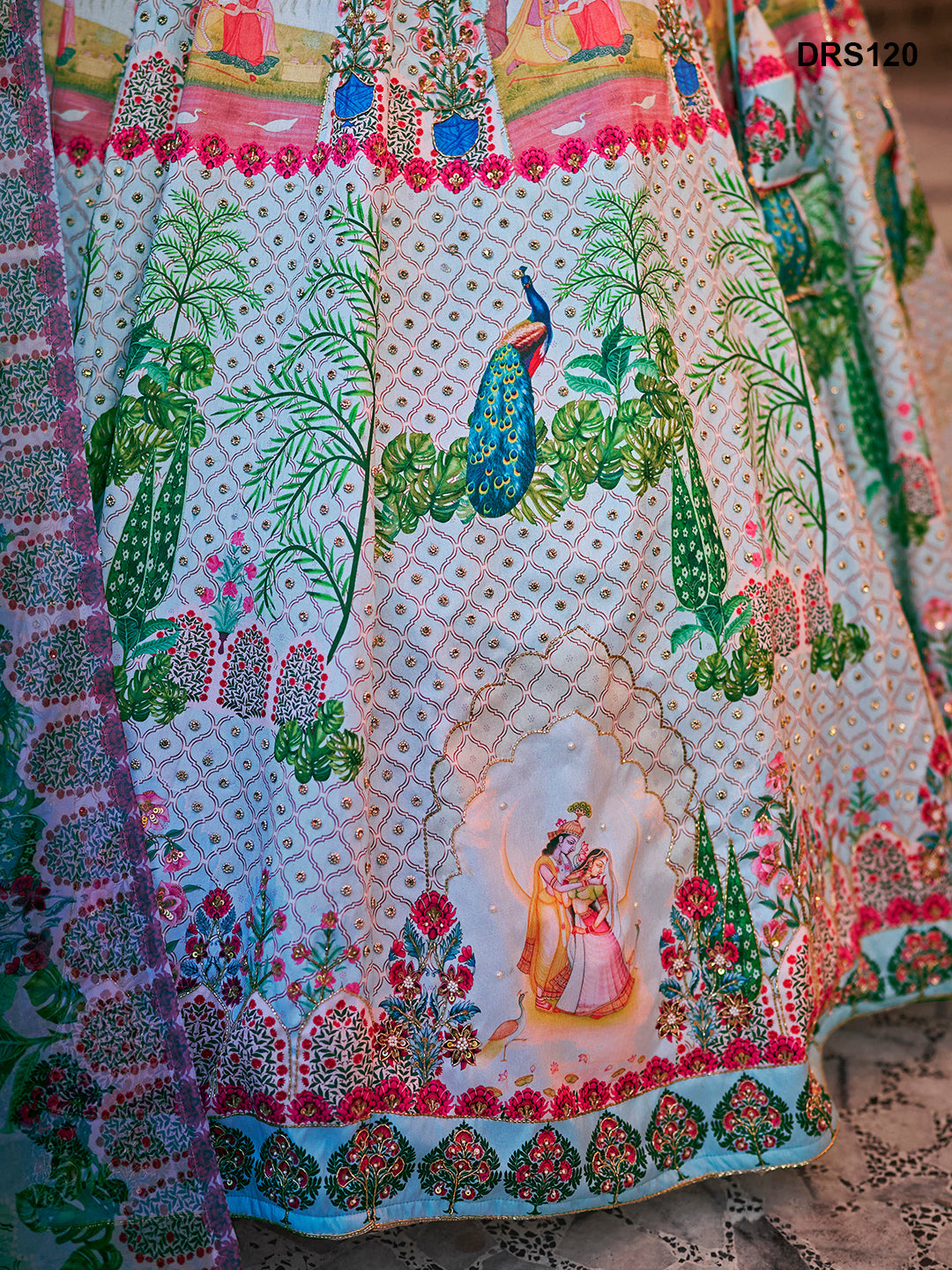 Elegant Light Blue Multi-Color Floral Silk Lehenga Choli with Handwork & Print – A Graceful Wedding & Festive Attire