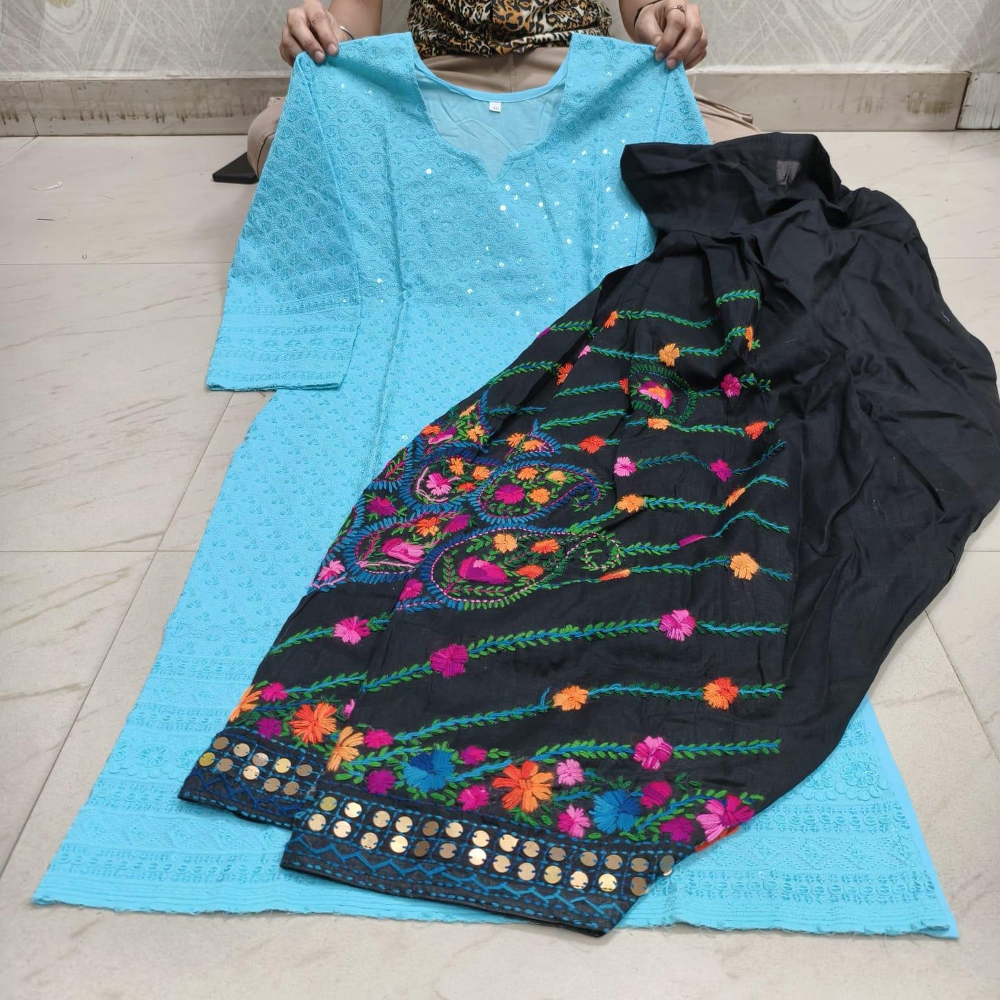Light Blue Beautiful Embroidered Phulkari Kantha Salwar & Chikankari Kurti Set - Inayakhan Shop