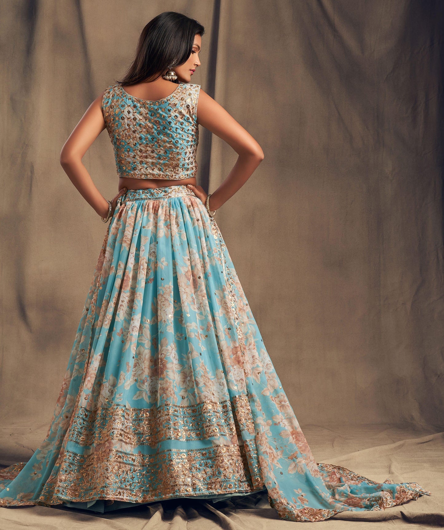 Light Blue Blossom Beauty Floral Custom Lehenga with Big Flair - Inayakhan Shop
