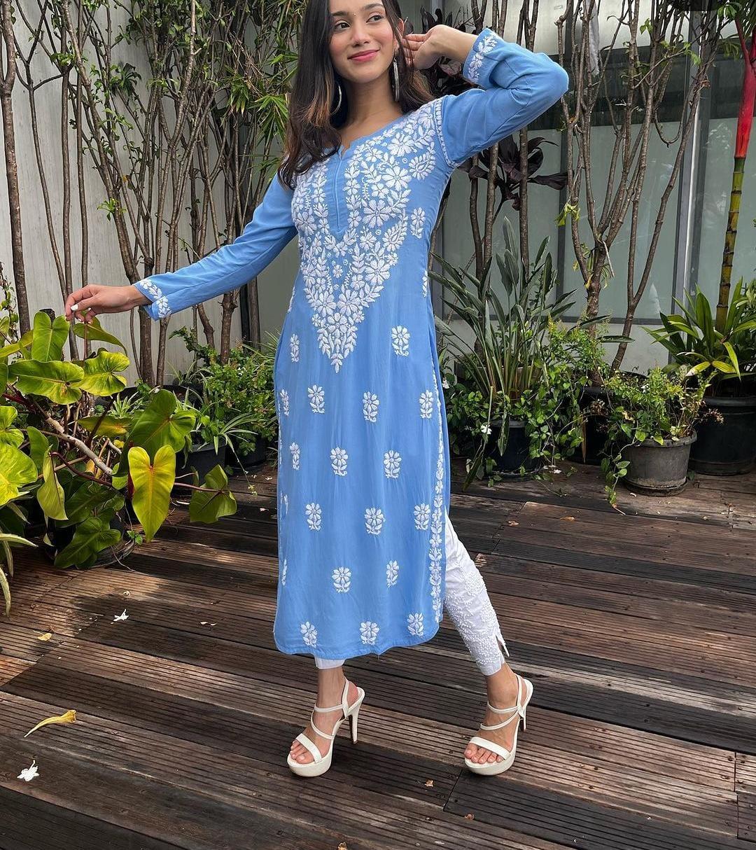 Light Blue Elegant Lucknowi Chikankari Cotton Kurti pc Set
