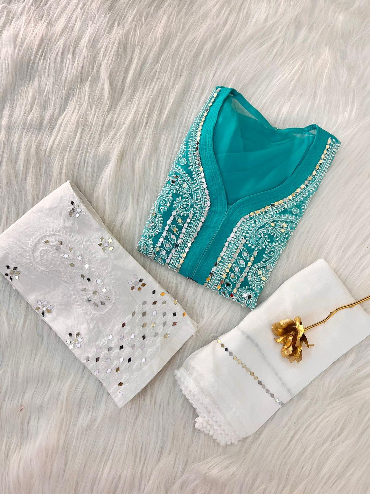 Light Blue Georgette Mirror Gala Booti Chikankari Set with Beautiful Handwork Embroidery - Inayakhan Shop