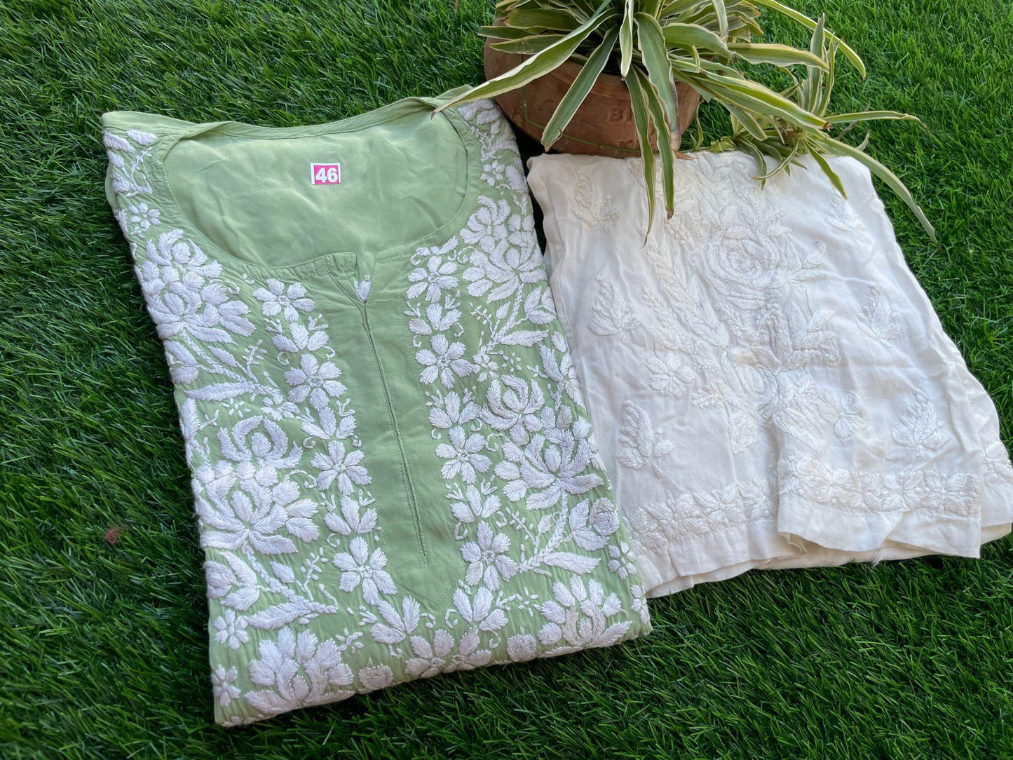 Light Green CurveCraft Chikankari Modal Kurti Set 6XL - Inayakhan Shop