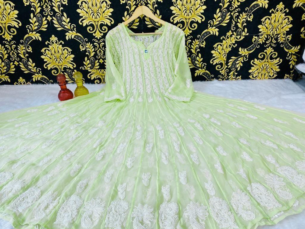 Light Green Pastel Lucknow Chikankari Anarkali Gown 56 inch Kali - Inayakhan Shop
