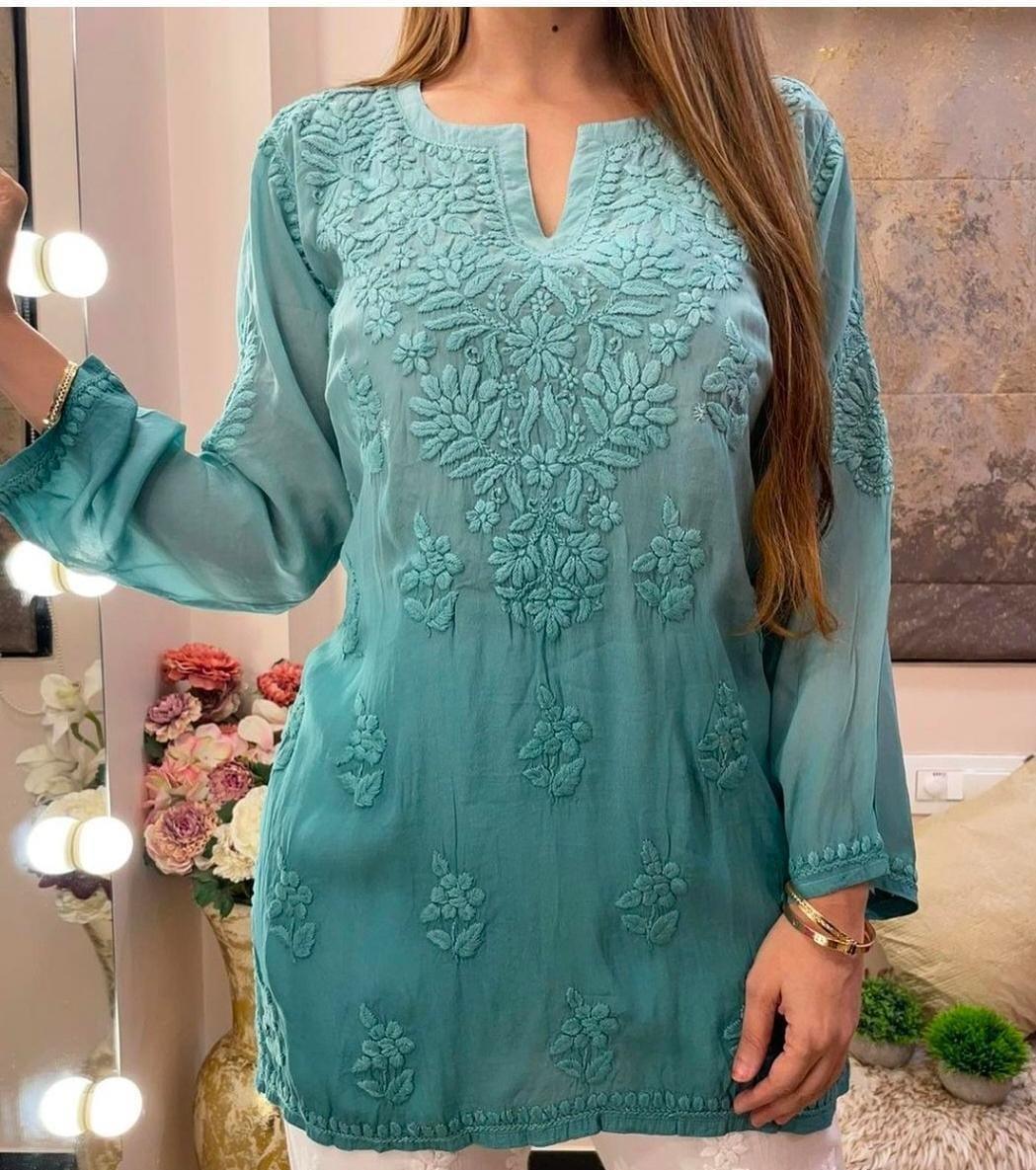 Light Green Viscose 3D Work Short Chikankari Top - Inayakhan Shop