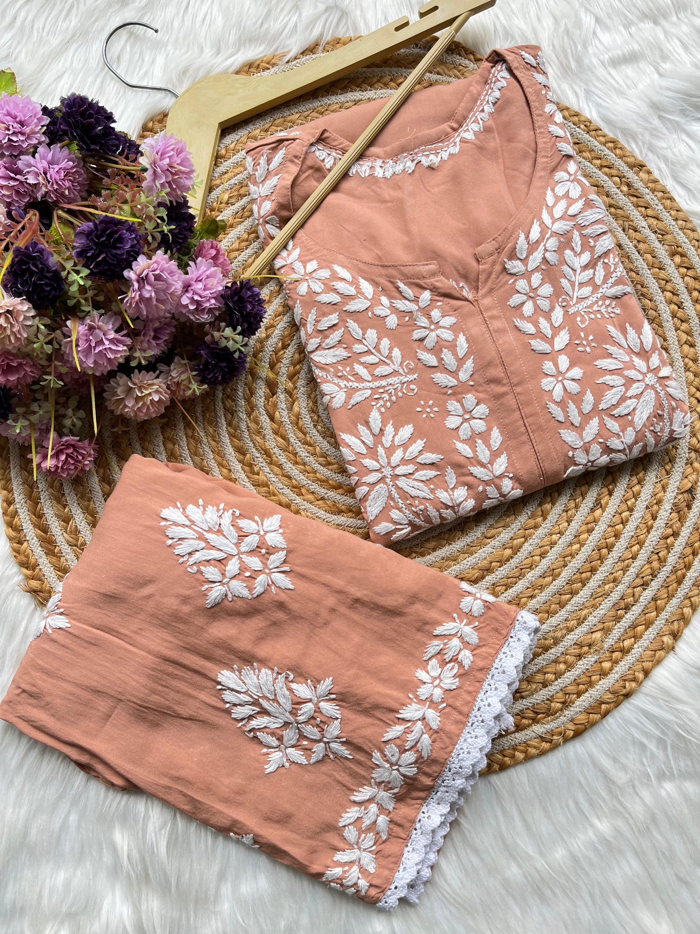 Light Orange Premium Rayon Lucknow Chikankari Kurti and Pallazo Set - Inayakhan Shop