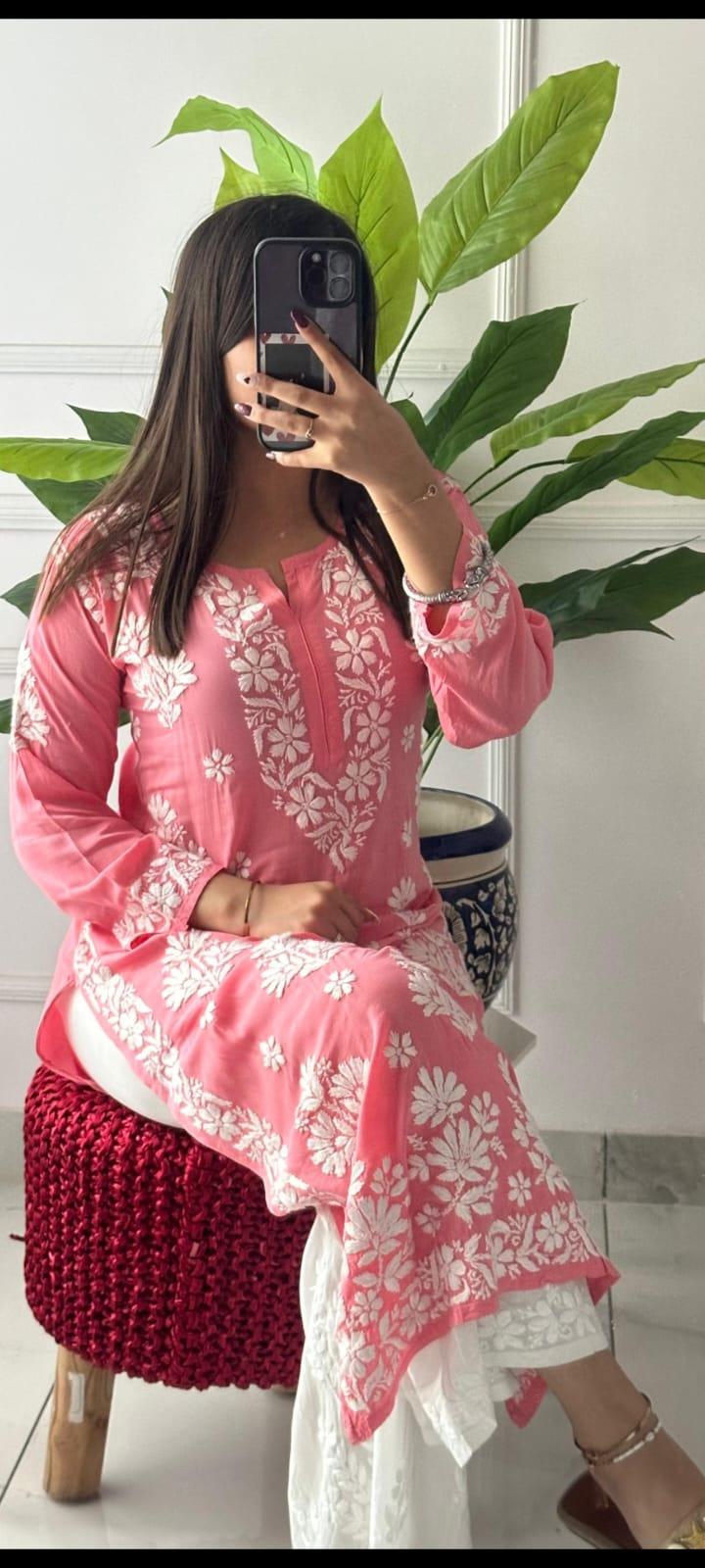 Light Pink Premium Modal Lucknowi Chikankari Kurti and Rayon Plazo Set - Inayakhan Shop