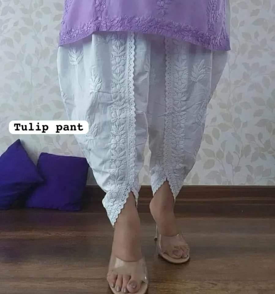 Light Purple Chanderi Silk Short Chikankari Kurti and Cotton Dhoti Tulip Pant Co-ord Set - Inayakhan Shop