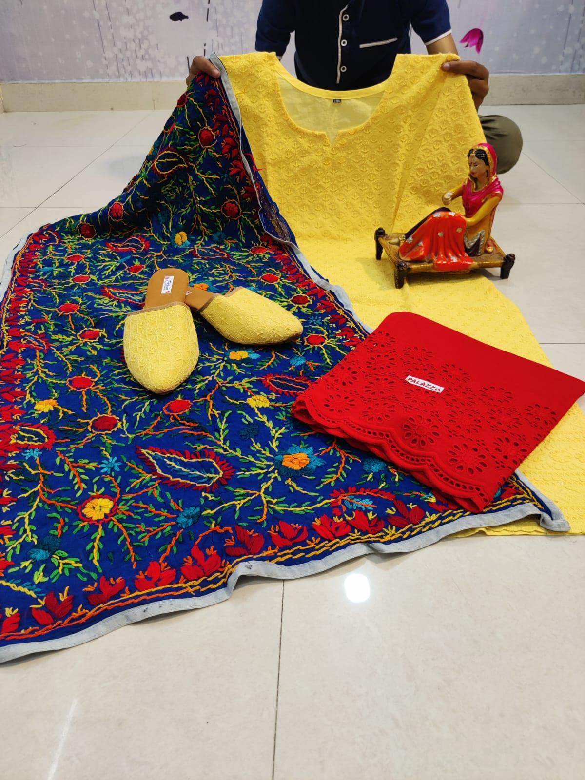 Light Yellow Cotton Phulkari Suit with Beautiful Chikan & Sequins Embroidery Work Shopping Online - Inayakhan Shop