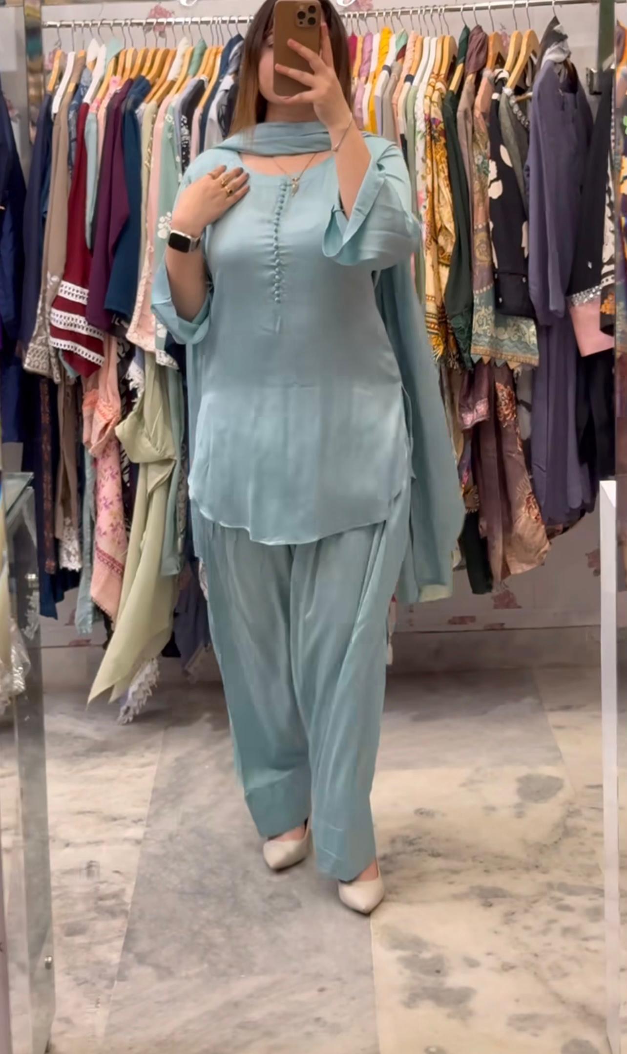 Blueish Grey Designer Crepe Silk Farshi Salwar Suit Party Wear