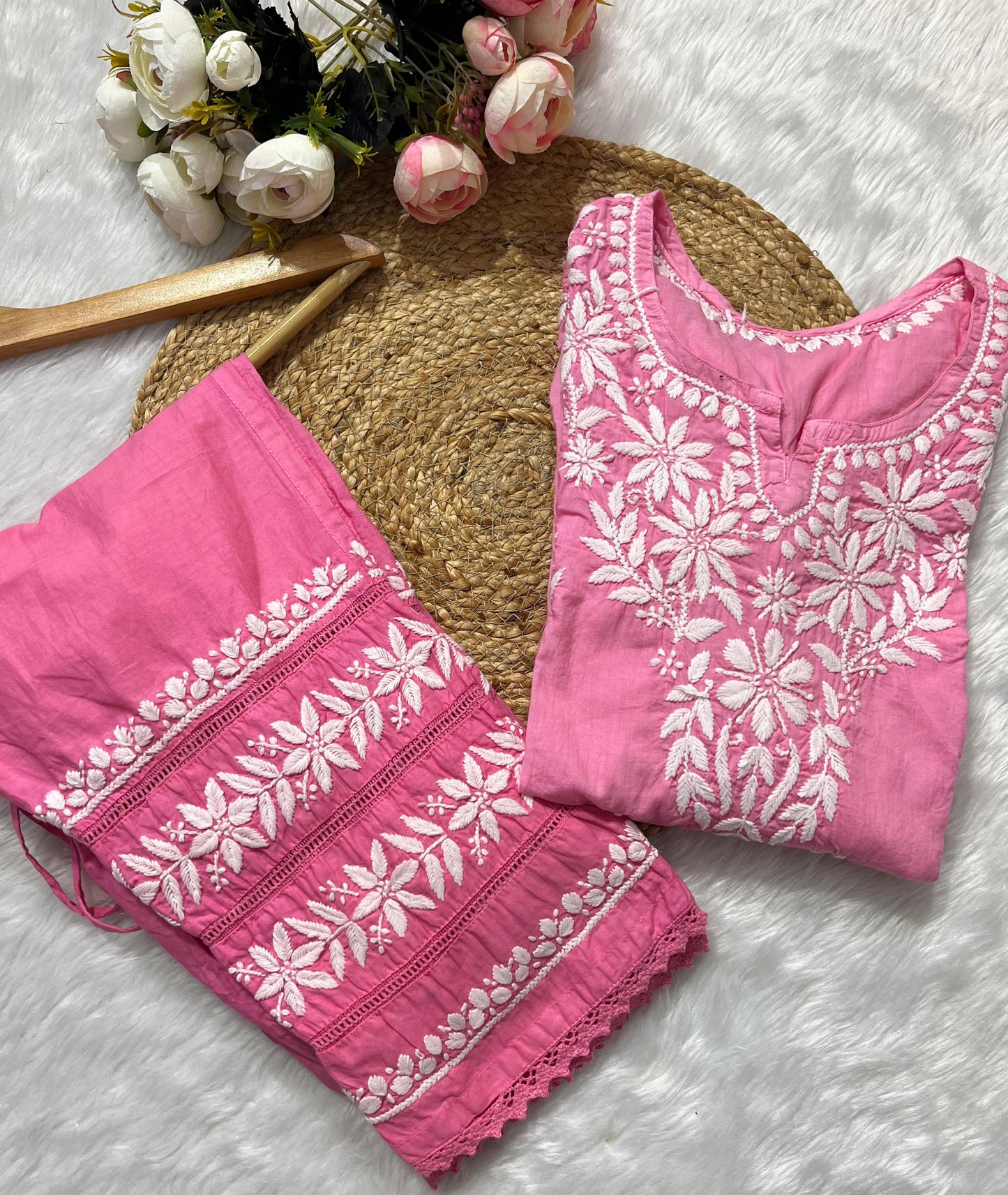 Pink Mul Mul Cotton Chikankari Cord Set – Plus Size up to 56 | Lightweight Luxe Co-Ord Set